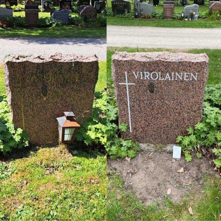 Hautakiven uudelleen maalaus ennen ja jälkeen kuva.