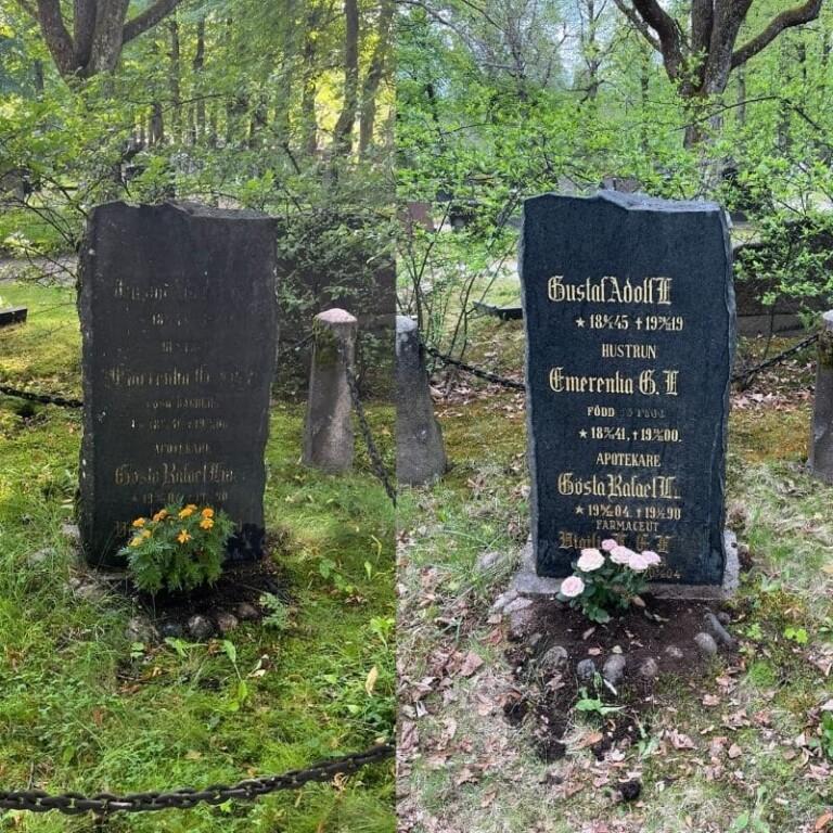 Hautakiven uudelleen kultaus, ennen ja jälkeen kuva.