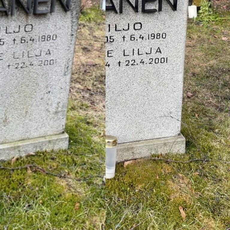 Raakapintaisen hautakiven maalaus.